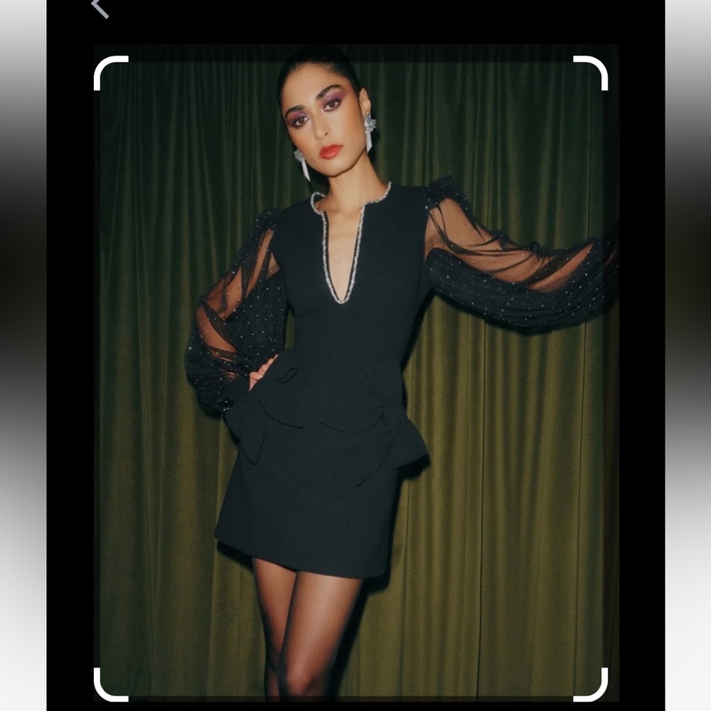 Elegant Black Dress with Sheer Sleeves - Picture 2 of 11